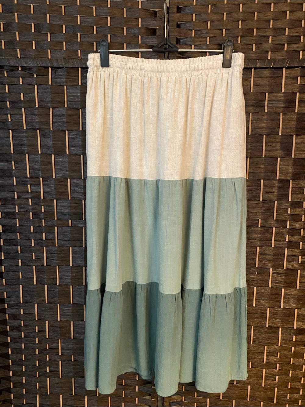 Cream & Sage Tiered Maxi Skirt w/Side Pockets Linen/Cotton Blend Size S - Picture 2 of 8